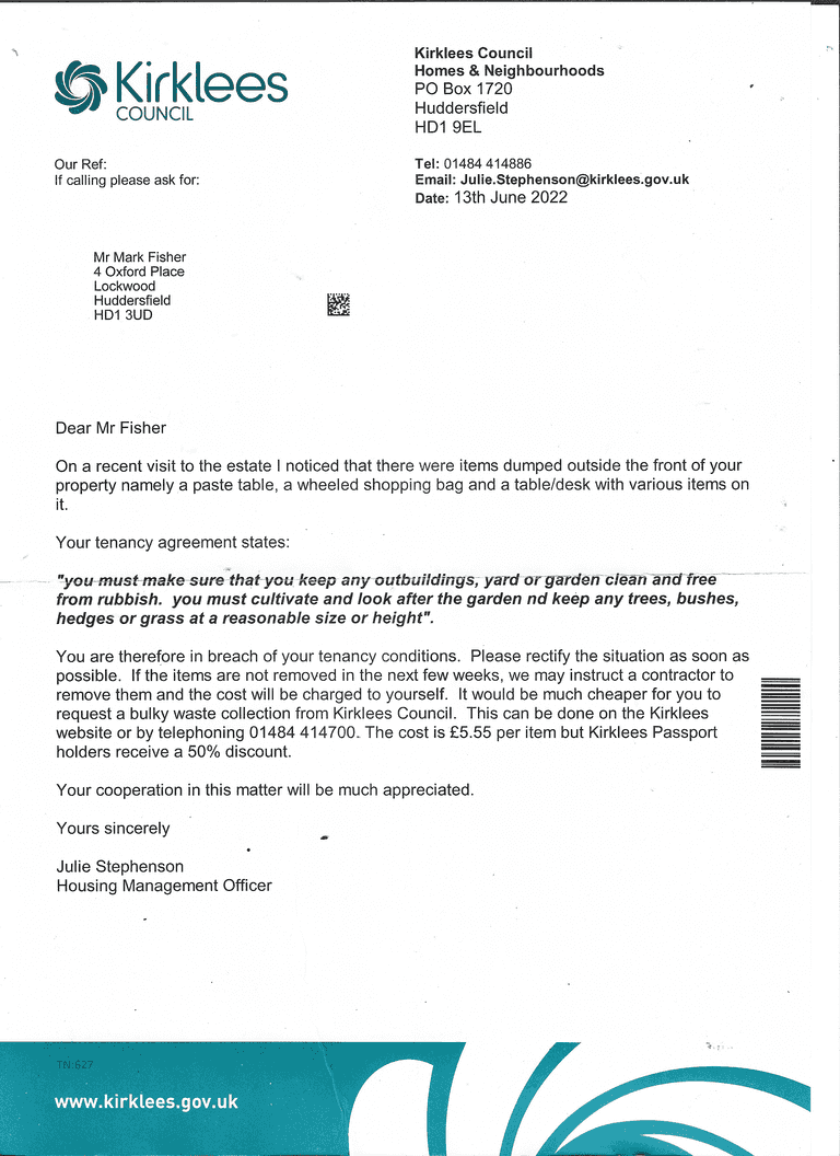 Julie Stephenson at Kirklees Council responds to bogus complaint